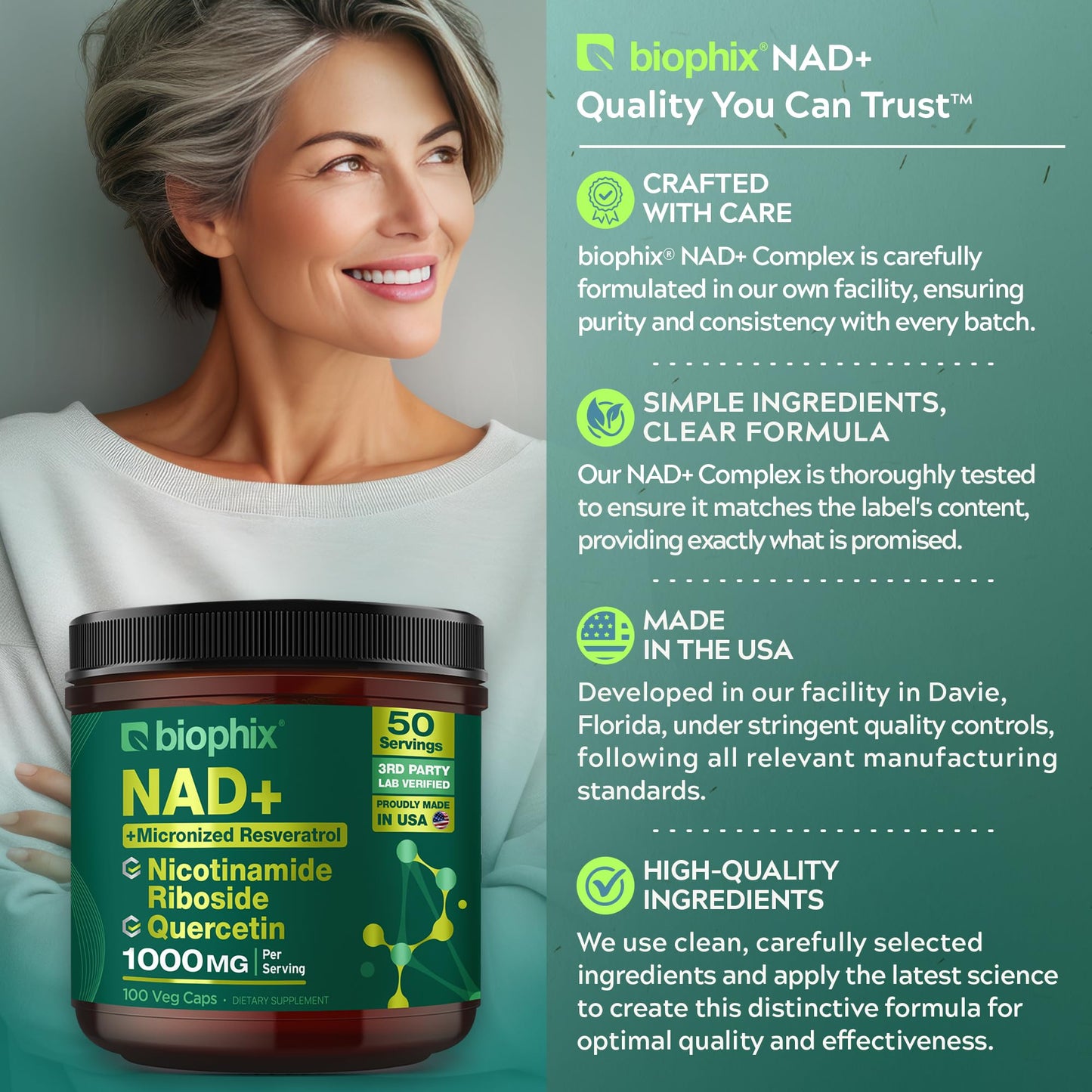 Biophix NAD+ Liposomal Supplement – 1000 mg/Serving | NR, Resveratrol & Quercetin | 100 Veg Caps