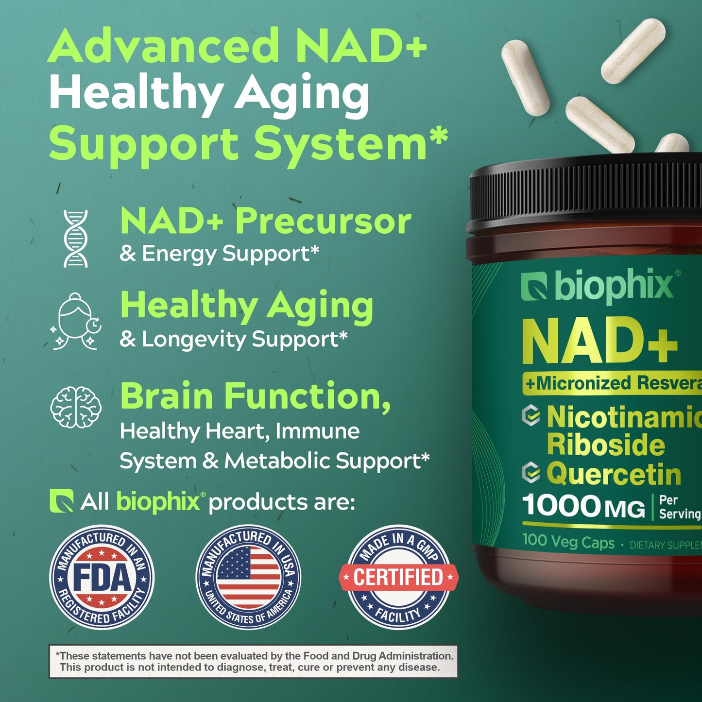 Biophix NAD+ Liposomal Supplement – 1000 mg/Serving | NR, Resveratrol & Quercetin | 100 Veg Caps