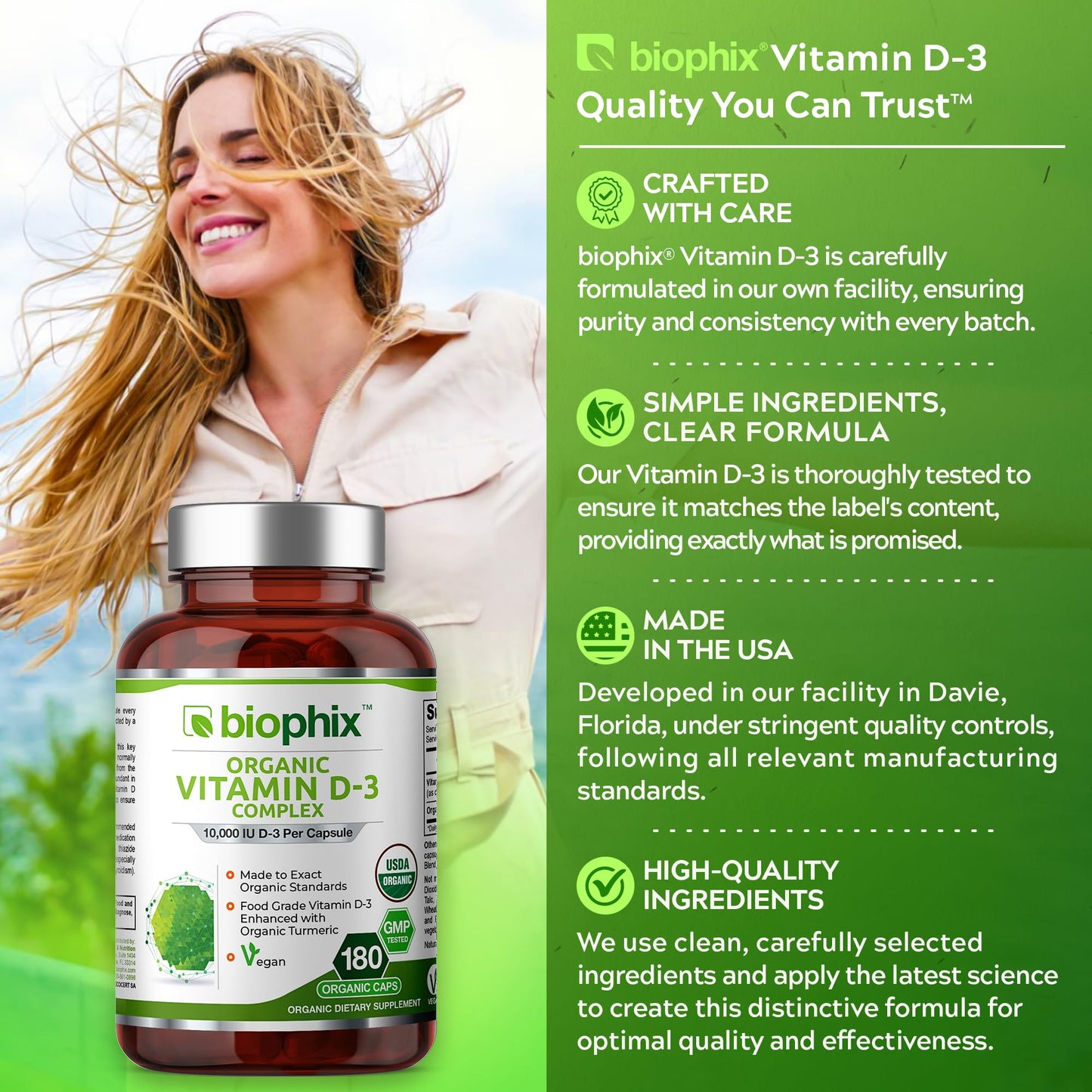 Biophix Organic Vitamin D-3 Complex 10000 IU – 180 Vcaps with Turmeric | High-Potency for Strong Bones & Immune Health