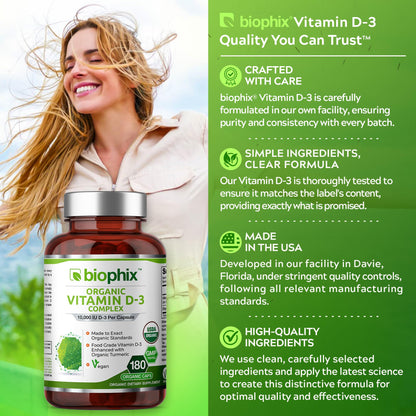 Biophix Organic Vitamin D-3 Complex 10000 IU – 180 Vcaps with Turmeric | High-Potency for Strong Bones & Immune Health