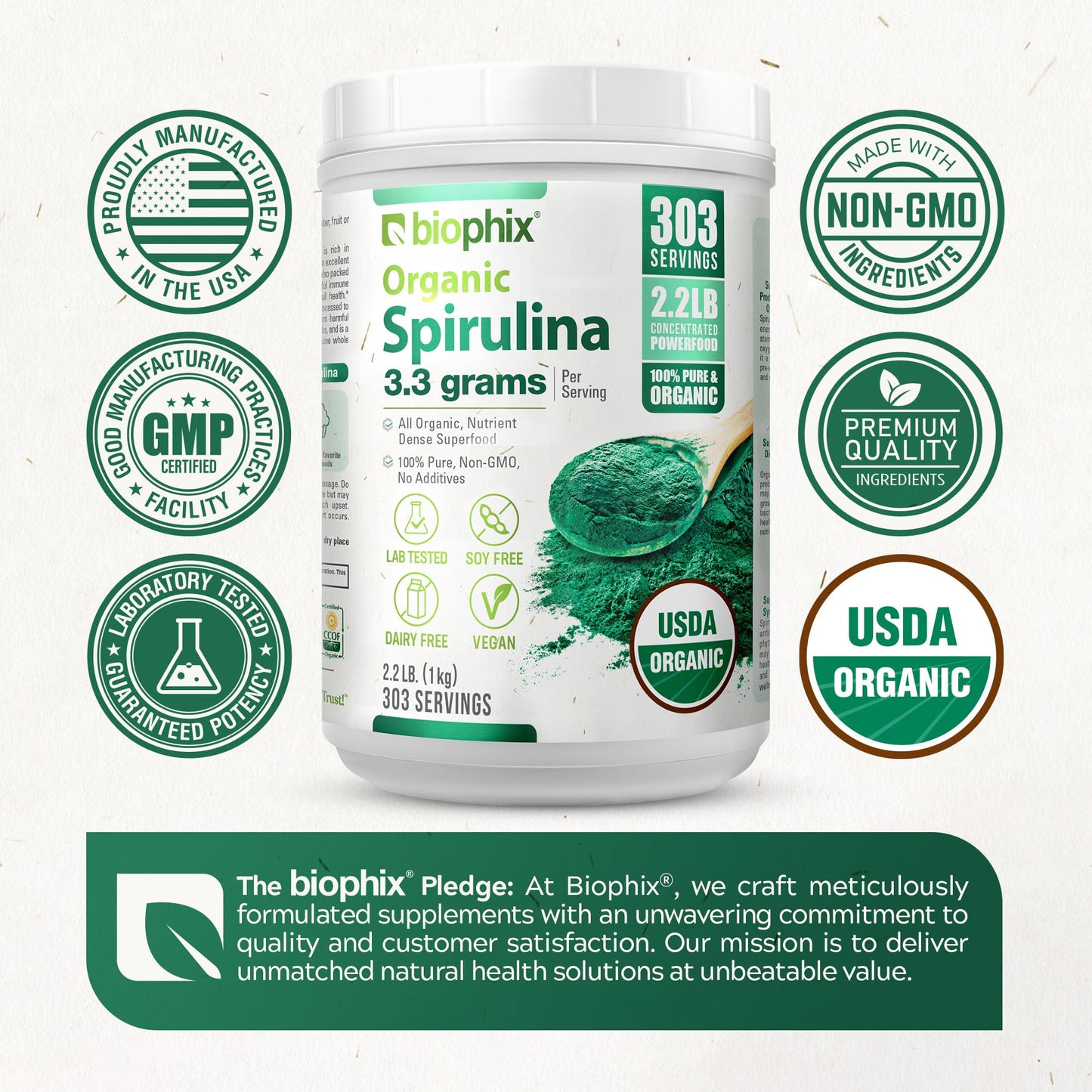 Biophix Organic Spirulina Powder - 2.2 Lbs, 100% Pure, Vegan, Non-GMO, USDA Certified