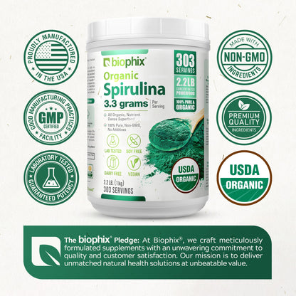 Biophix Organic Spirulina Powder - 2.2 Lbs, 100% Pure, Vegan, Non-GMO, USDA Certified