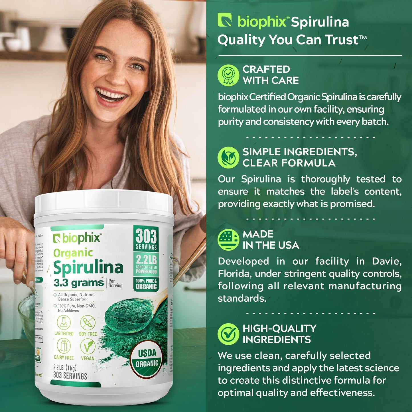 Biophix Organic Spirulina Powder - 2.2 Lbs, 100% Pure, Vegan, Non-GMO, USDA Certified