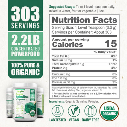 Biophix Organic Spirulina Powder - 2.2 Lbs, 100% Pure, Vegan, Non-GMO, USDA Certified
