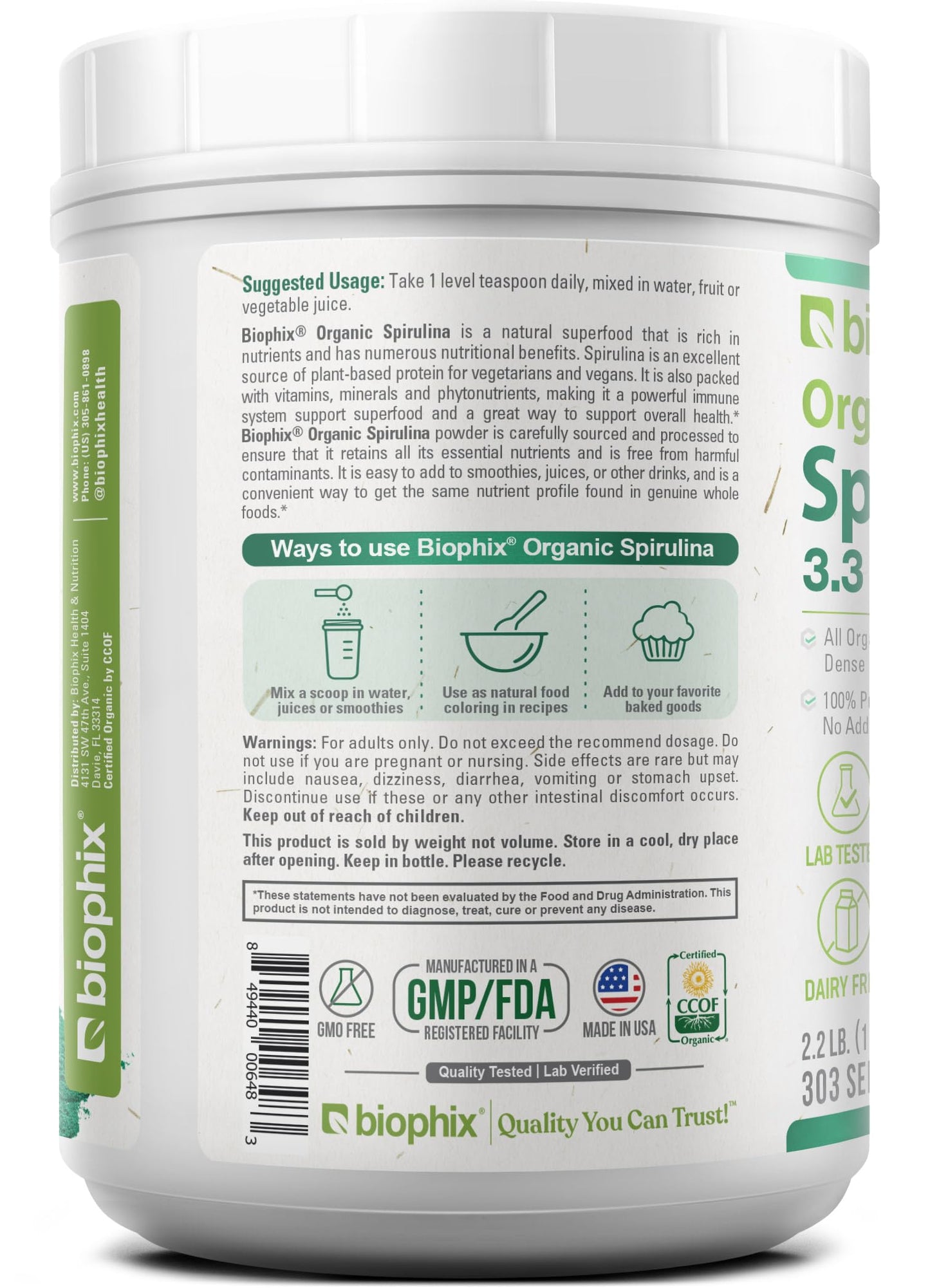 Biophix Organic Spirulina Powder - 2.2 Lbs, 100% Pure, Vegan, Non-GMO, USDA Certified