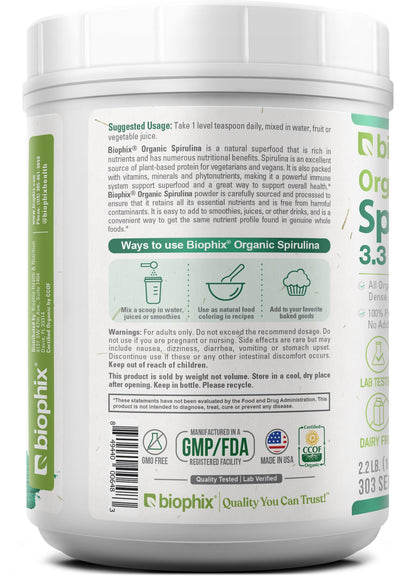 Biophix Organic Spirulina Powder - 2.2 Lbs, 100% Pure, Vegan, Non-GMO, USDA Certified