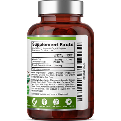 Biophix Organic Vitamin D-3 Complex 10000 IU – 180 Vcaps with Turmeric | High-Potency for Strong Bones & Immune Health