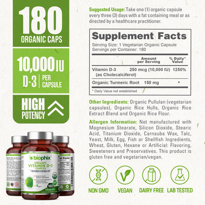 Biophix Organic Vitamin D-3 Complex 10000 IU – 180 Vcaps with Turmeric | High-Potency for Strong Bones & Immune Health