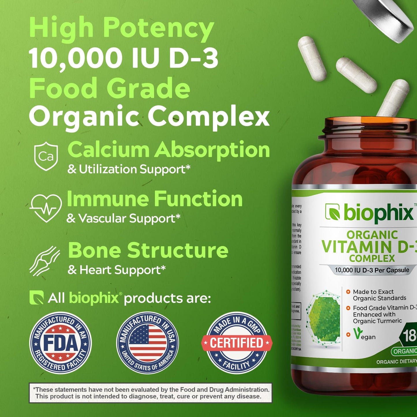 Biophix Organic Vitamin D-3 Complex 10000 IU – 180 Vcaps with Turmeric | High-Potency for Strong Bones & Immune Health