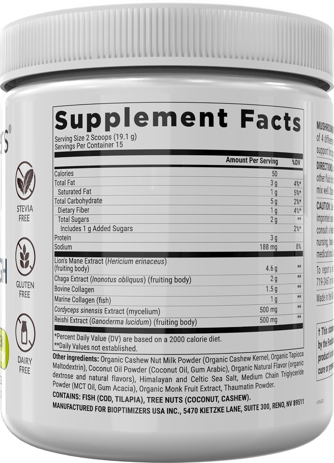 BIOptimizers Mushroom Coffee Alternative – Salted Caramel with Lion's Mane, Chaga, Reishi + Collagen & MCT (15 Servings)