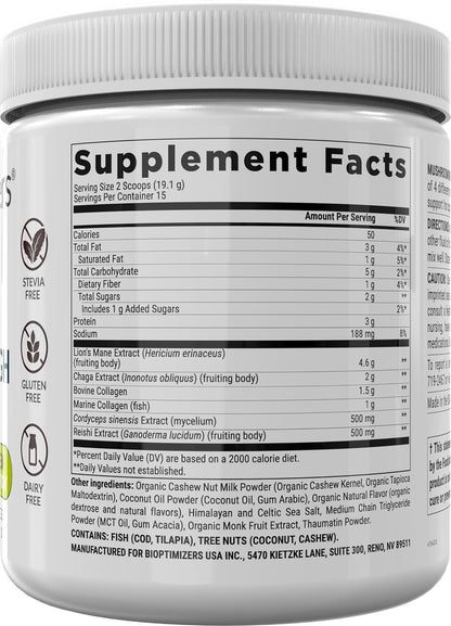 BIOptimizers Mushroom Coffee Alternative – Salted Caramel with Lion's Mane, Chaga, Reishi + Collagen & MCT (15 Servings)