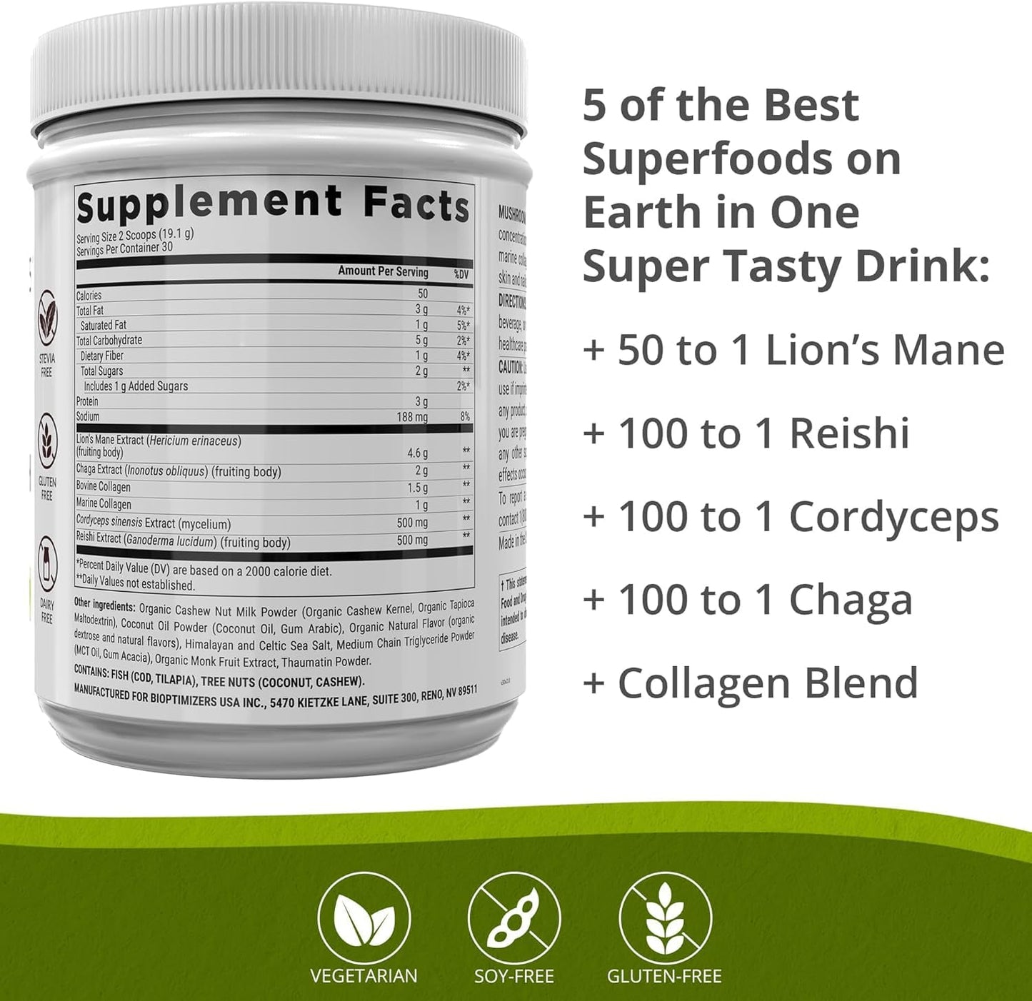 BIOptimizers Mushroom Coffee Alternative – Salted Caramel with Lion's Mane, Chaga, Reishi + Collagen & MCT (15 Servings)