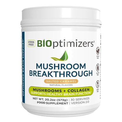 BIOptimizers Mushroom Coffee Alternative – Salted Caramel with Lion's Mane, Chaga, Reishi + Collagen & MCT (15 Servings)