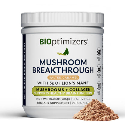 BIOptimizers Mushroom Coffee Alternative – Salted Caramel with Lion's Mane, Chaga, Reishi + Collagen & MCT (15 Servings)