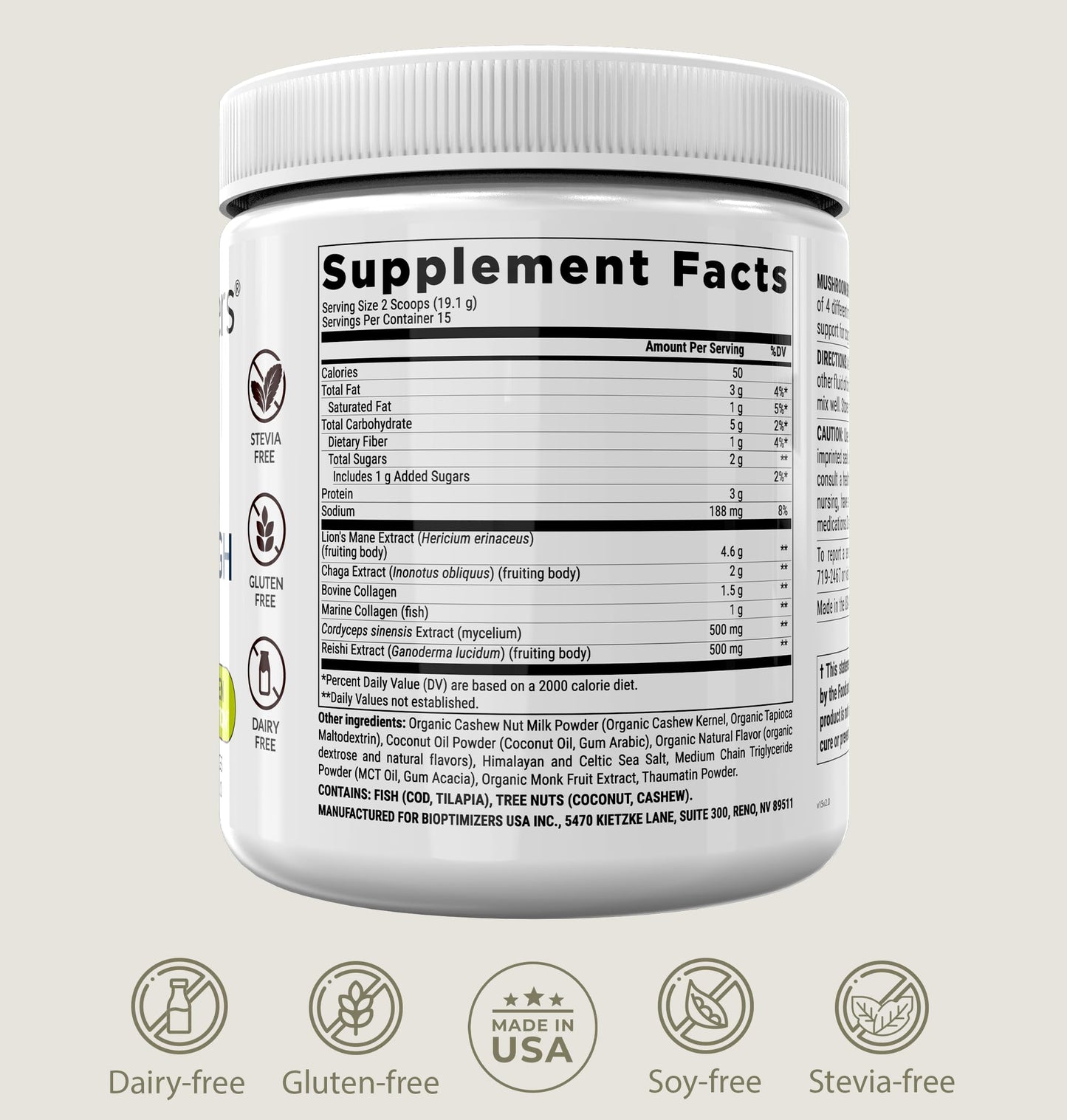 BIOptimizers Mushroom Coffee Alternative – Salted Caramel with Lion's Mane, Chaga, Reishi + Collagen & MCT (15 Servings)