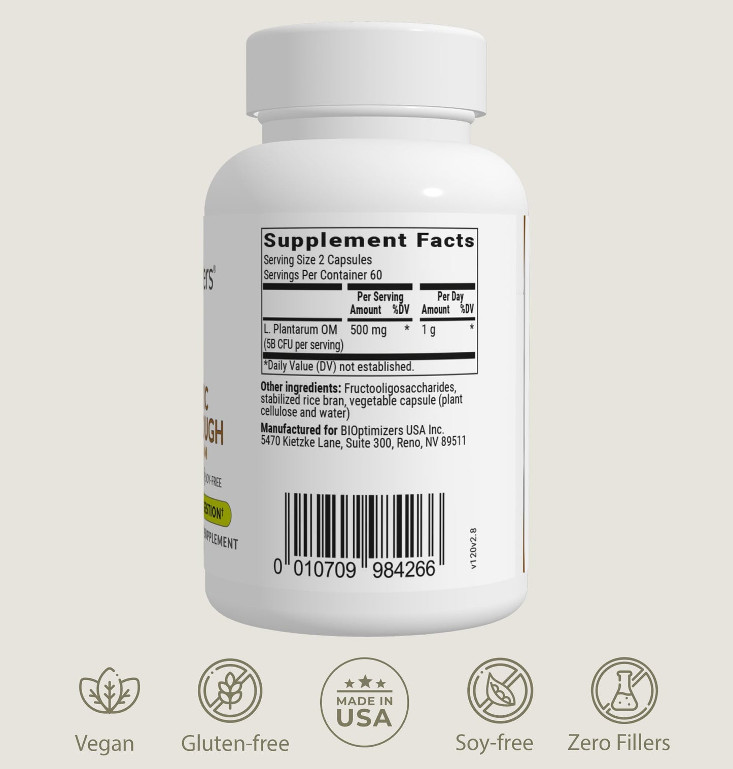 BiOptimizers Probiotic Breakthrough | Lactobacillus Plantarum OM Probiotics & Prebiotics for Gut, Digestive & Immune Support | 30 Vegan Capsules