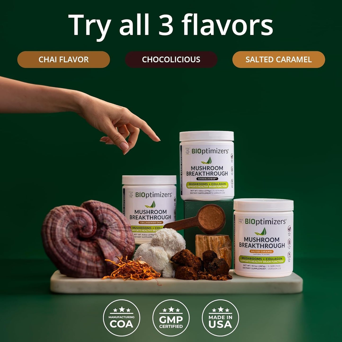 BIOptimizers Mushroom Coffee Alternative – Salted Caramel with Lion's Mane, Chaga, Reishi + Collagen & MCT (15 Servings)
