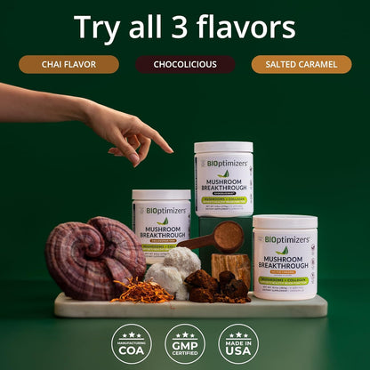 BIOptimizers Mushroom Coffee Alternative – Salted Caramel with Lion's Mane, Chaga, Reishi + Collagen & MCT (15 Servings)