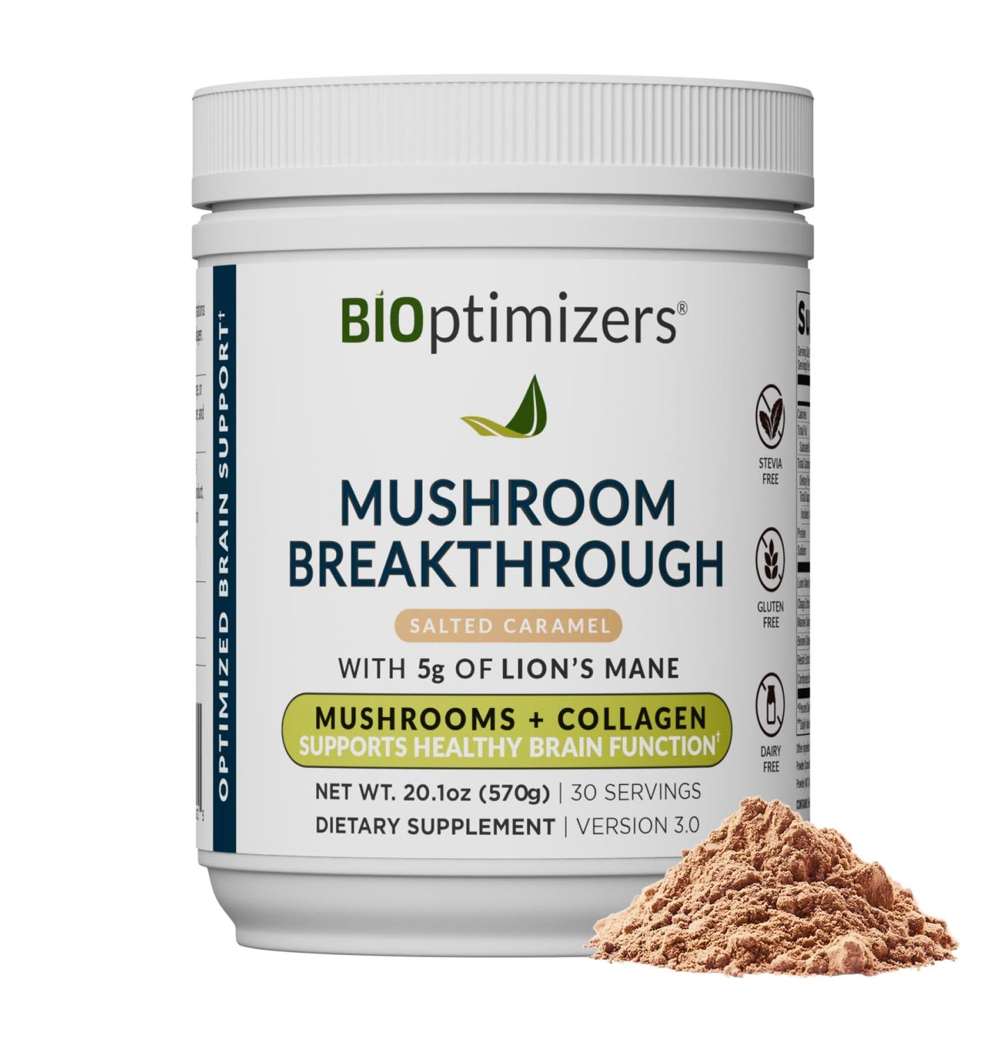 BIOptimizers Mushroom Coffee Alternative – Salted Caramel with Lion’s Mane, Chaga & Reishi + Collagen & MCT – 30 Servings