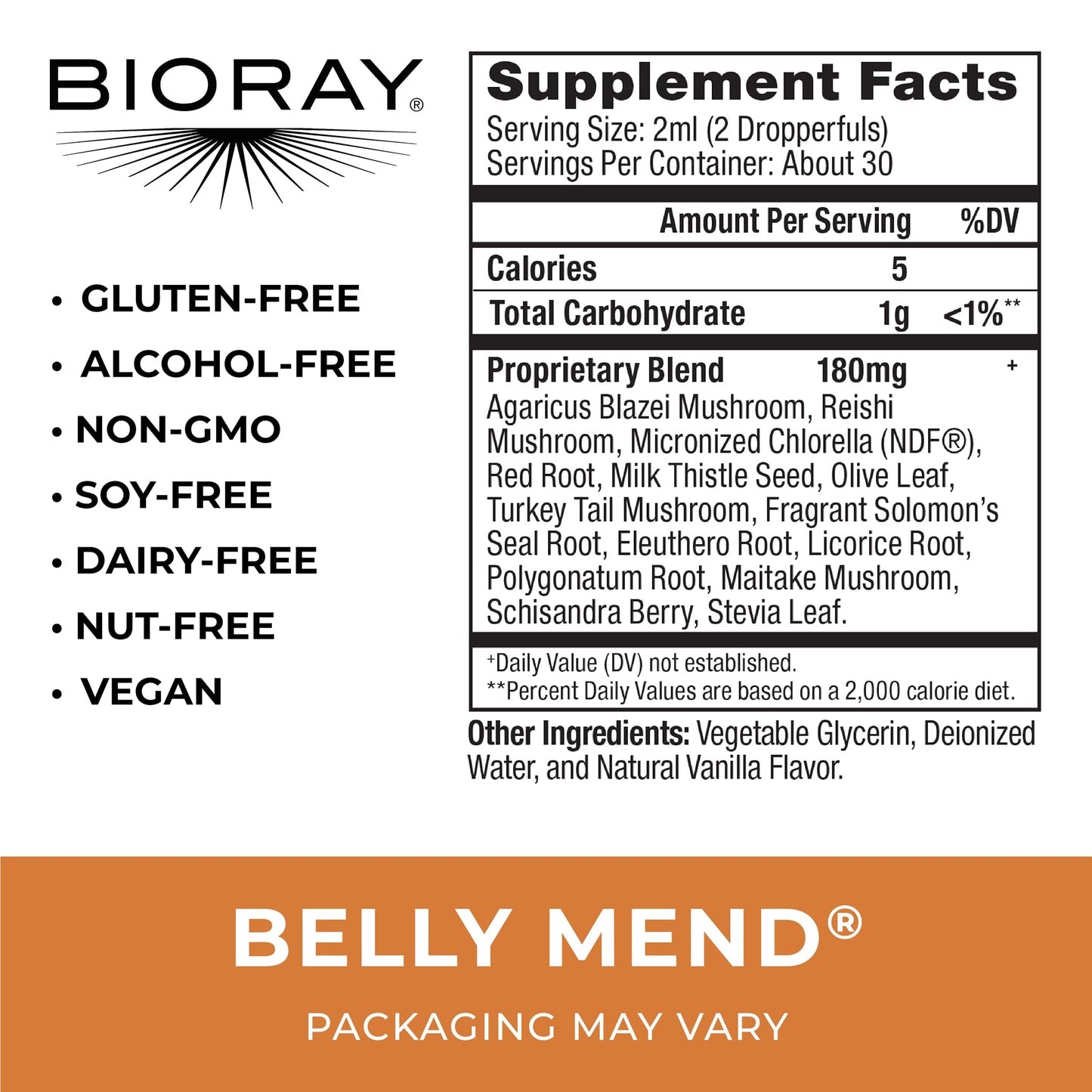 BIORAY Daily Belly Mend - 2 fl oz | 11-Strain Probiotic + Medicinal Mushrooms