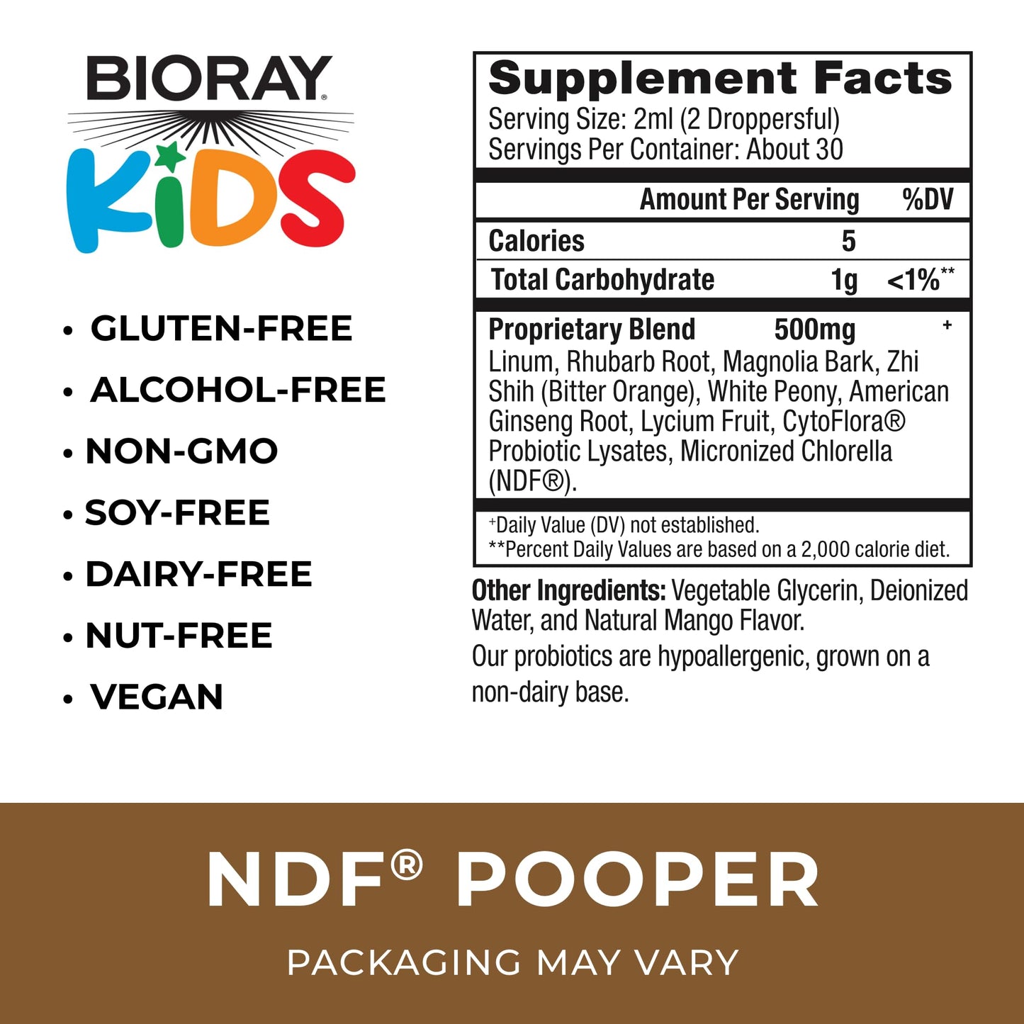 BIORAY Kids NDF Pooper Mango - 2 fl oz Bowel Mover | Non-GMO Vegan Gluten Free - 30 Servings