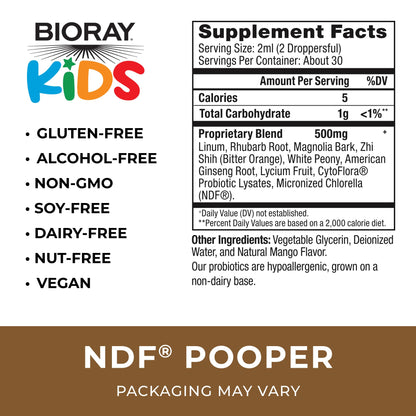 BIORAY Kids NDF Pooper Mango - 2 fl oz Bowel Mover | Non-GMO Vegan Gluten Free - 30 Servings