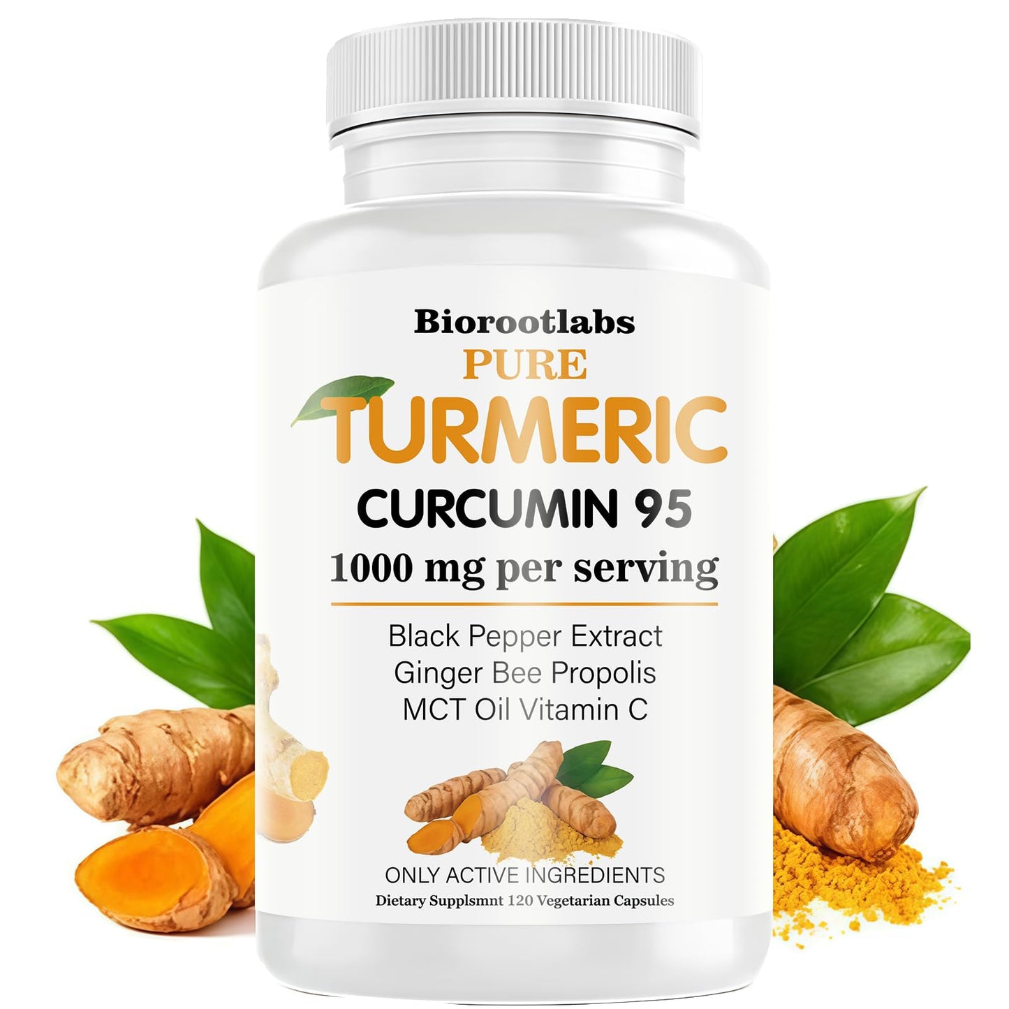 Biorootlabs Turmeric Curcumin | Pure Turmeric Curcumin Supplement 1000mg | 95% Curcuminoids with Bee Propolis, Ginger, MCT Oil, Fat Soluble Vitamin C, & Black Pepper 120 Capsules