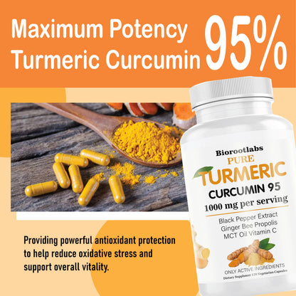 Biorootlabs Turmeric Curcumin | Pure Turmeric Curcumin Supplement 1000mg | 95% Curcuminoids with Bee Propolis, Ginger, MCT Oil, Fat Soluble Vitamin C, & Black Pepper 120 Capsules