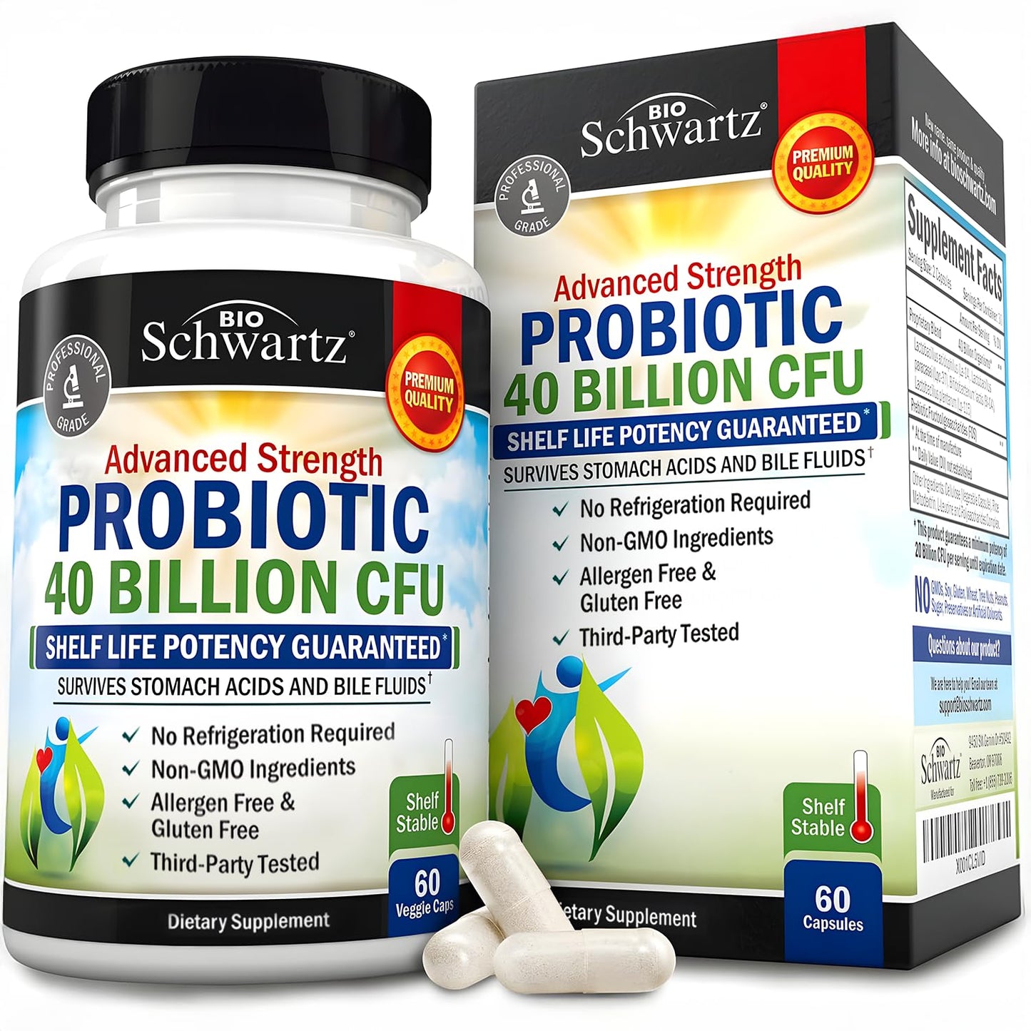 BioSchwartz Daily Probiotic - 40 Billion CFU for Gut Health with Astragalus - Shelf-Stable 60 Count