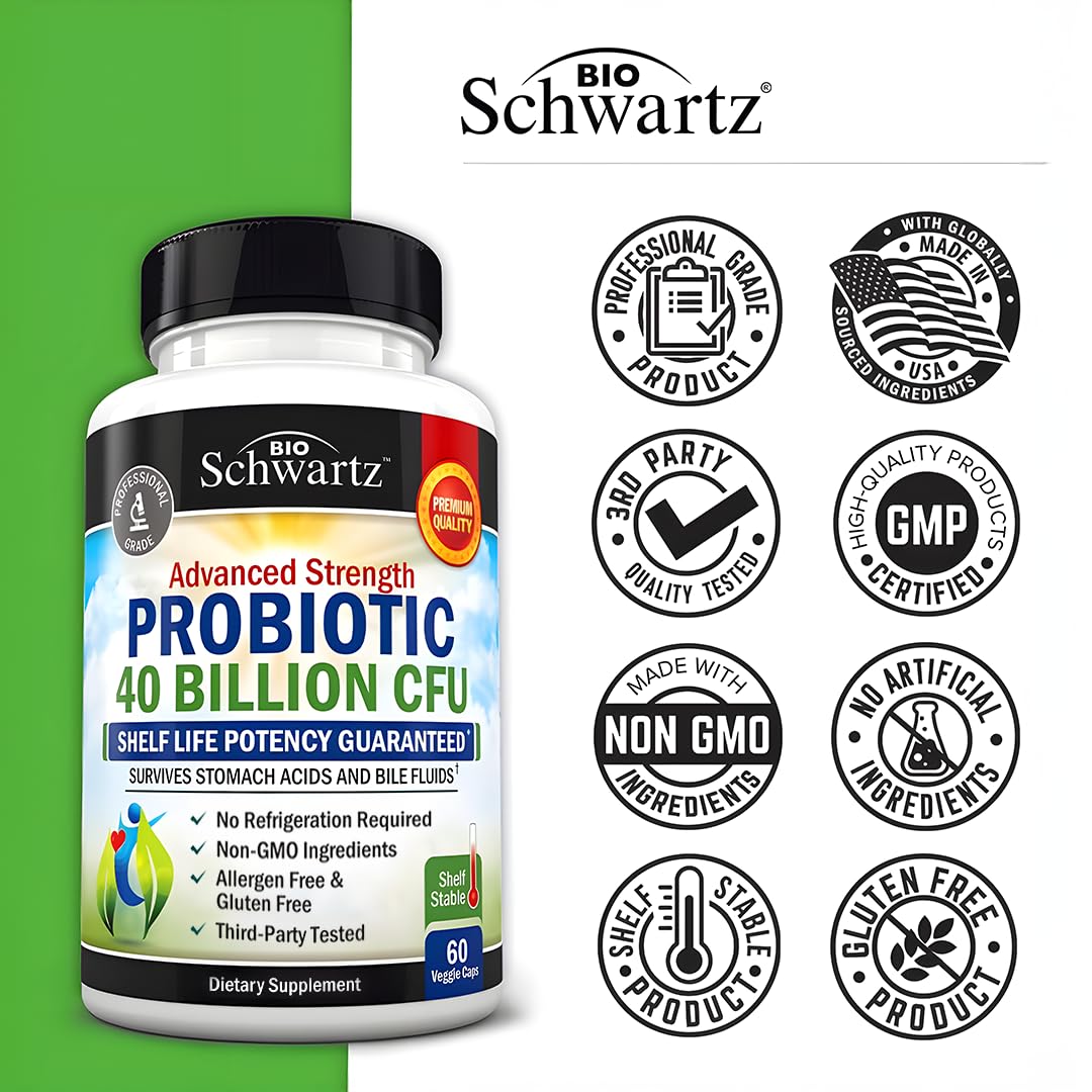 BioSchwartz Daily Probiotic - 40 Billion CFU for Gut Health with Astragalus - Shelf-Stable 60 Count
