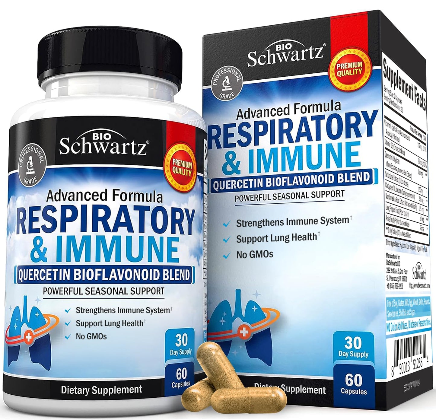 Respiratory & Immune Lung Support - Quercetin, Vitamin D & Cordyceps | 60 Capsules