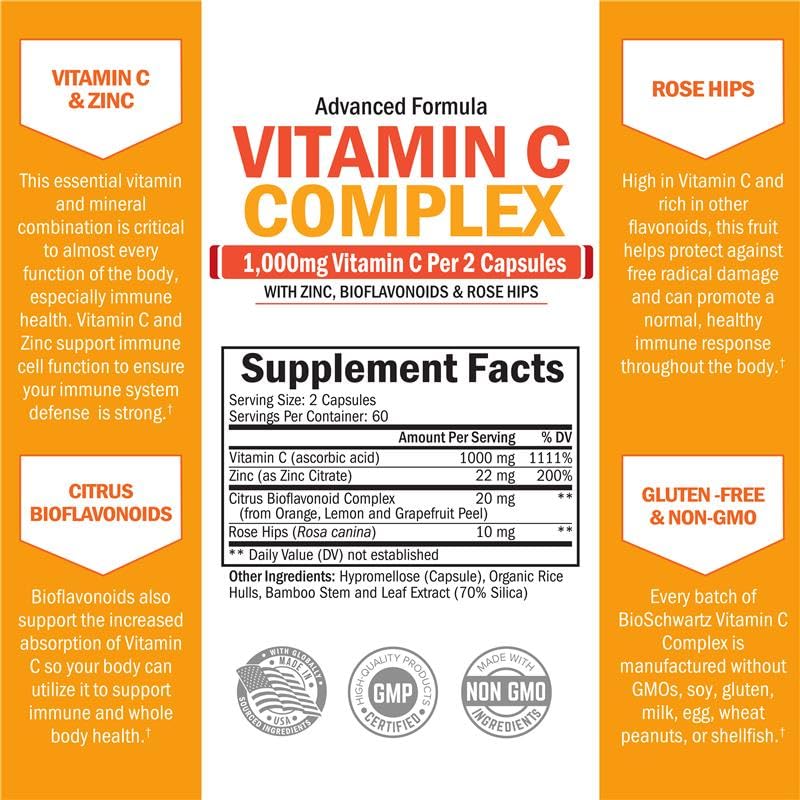 BioSchwartz Vitamin C Complex 1000mg with Rose Hips & Citrus Bioflavonoids | 120 Count