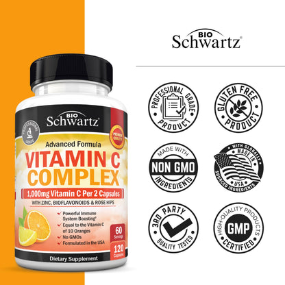 BioSchwartz Vitamin C Complex 1000mg with Rose Hips & Citrus Bioflavonoids | 120 Count