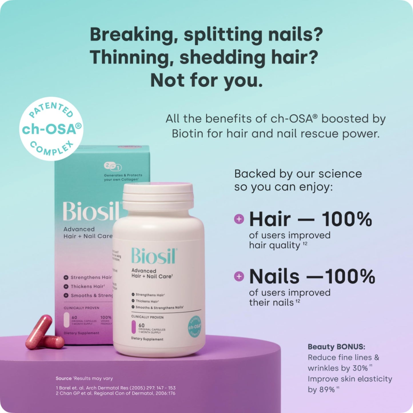 Biosil Advanced Hair + Nail Care – Growth Vitamins for Women | Patented ch-OSA | 15-Day Supply