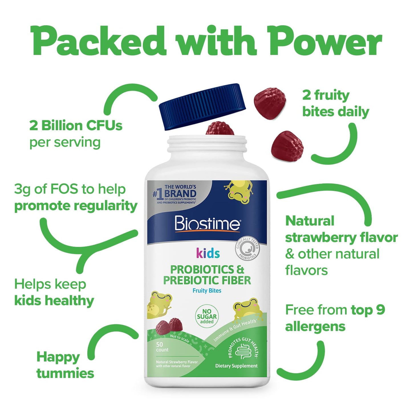 Biostime Kids Prebiotic & Probiotic Gummies (Ages 4+) | Probiotics for Kids | Includes 2 Billion CFU to Support Digestive Health| No added sugar Fruity Bites | Free from Top 9 Allergens |50 Count