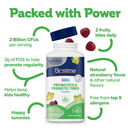 Biostime Kids Prebiotic & Probiotic Gummies (Ages 4+) | Probiotics for Kids | Includes 2 Billion CFU to Support Digestive Health| No added sugar Fruity Bites | Free from Top 9 Allergens |50 Count