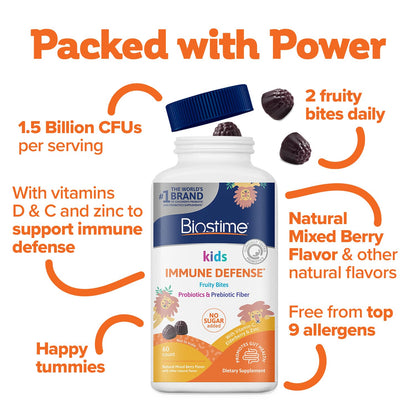 Biostime Kids Immune Support Gummies (Ages 4+) | D3, C, Zinc & Probiotics | No Added Sugar | 60 Count