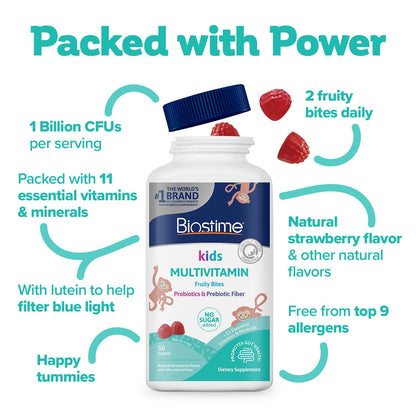 Biostime Kids Multivitamin Gummies with Probiotics & 11 Essential Vitamins (Ages 4+) – No Added Sugar, Free from Top 9 Allergens, 50 Count