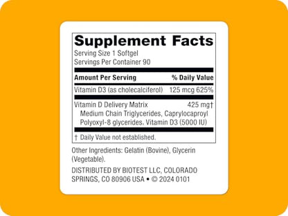 Biotest D Fix - 5000 IU Vitamin D3 Softgels | 90 Servings