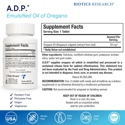 Biotics Research A.D.P. Emulsified Oil of Oregano Tablets – Sustained Release, High Absorption, 120 Tablets BritishVita | Premium UK Vitamins & Wellness Supplements