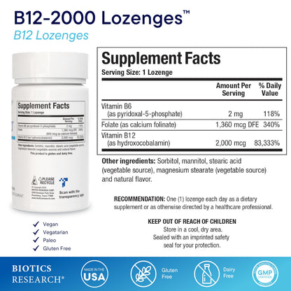 Biotics Research B12-2000™ Sublingual Lozenges – 2000 mcg B12, B6 & Folate, Berry Flavor, 60 Count