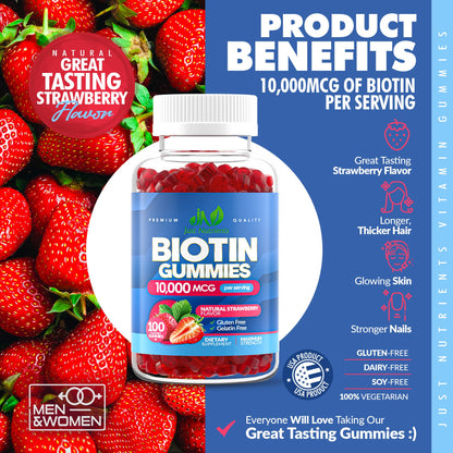 Biotin 10,000mcg Gummies for Hair, Skin & Nails – 100 Count | Vegan, Gluten-Free