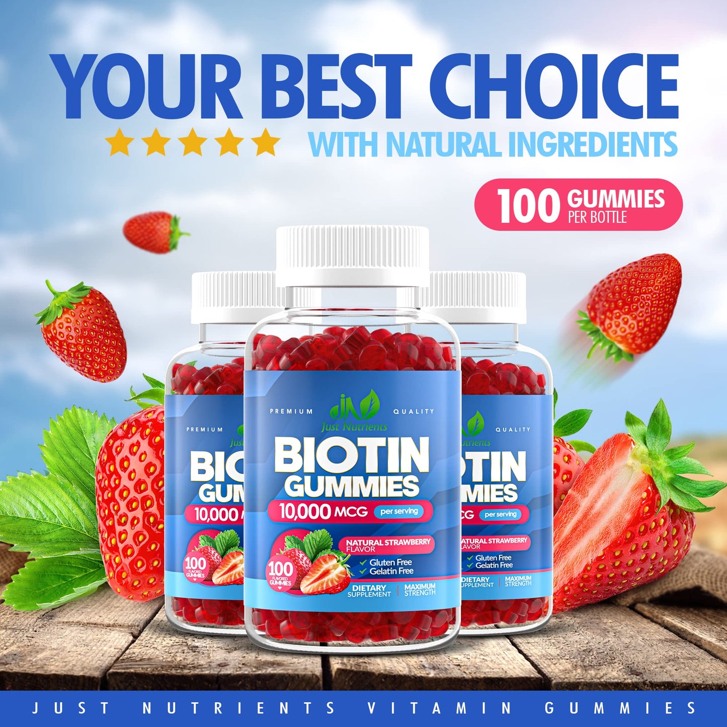 Biotin 10,000mcg Gummies for Hair, Skin & Nails – 100 Count | Vegan, Gluten-Free