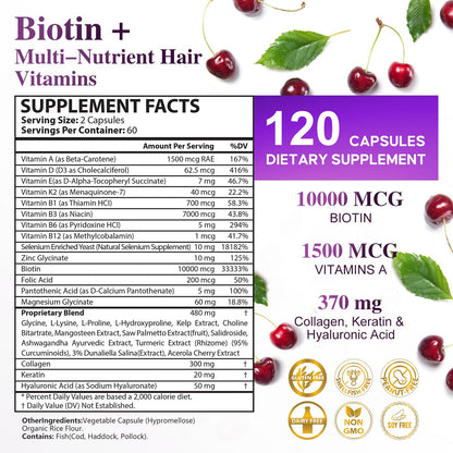 Biotin 10,000MCG Hair Growth Support – Collagen & Keratin – Hair Skin Nails Vitamins – 120 Capsules (2-Month Supply)