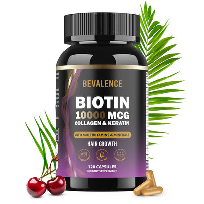 Biotin 10,000MCG Hair Growth Support – Collagen & Keratin – Hair Skin Nails Vitamins – 120 Capsules (2-Month Supply)
