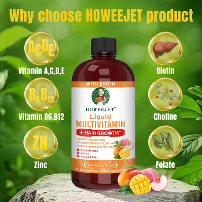 Liquid Multivitamin for Hair Growth – Biotin 10000mcg | Hair & Skin Support | Clinically Tested | 15.22 Fl Oz | For Women & Men 18+