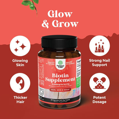 Natures Craft Biotin 10000 mcg Pills – Thicker Hair, Strong Nails, Clear Skin – Vegetarian Capsules