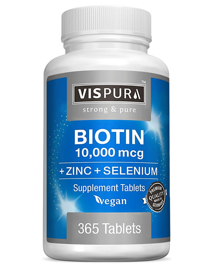 Biotin 10000 mcg + Zinc + Selenium – Vegan Hair, Skin & Nails Supplement | 365 Tablets