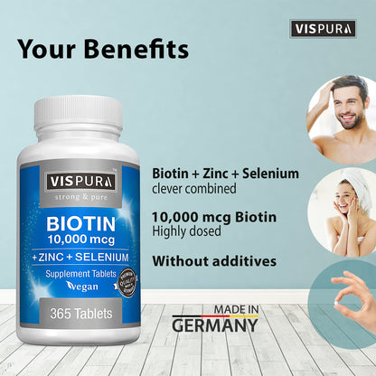 Biotin 10000 mcg + Zinc + Selenium – Vegan Hair, Skin & Nails Supplement | 365 Tablets