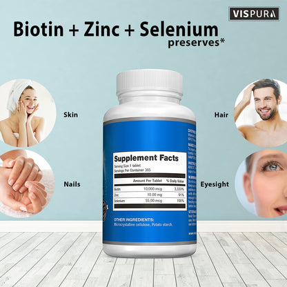 Biotin 10000 mcg + Zinc + Selenium – Vegan Hair, Skin & Nails Supplement | 365 Tablets